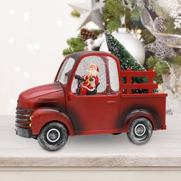 Decoratiune Muzicala Craciun - Decoratiune Craciun, Tip Masina, Figurine Mos Craciun cu Bradul, 3 Moduri, Functie Muzicala, Zapada in Miscare, Functioneaza Cu Baterii ( 3 x AA neincluse), Cablu USB (Inclus), Model Rosu, 24 x 10 x 19 cm, Alb Cald