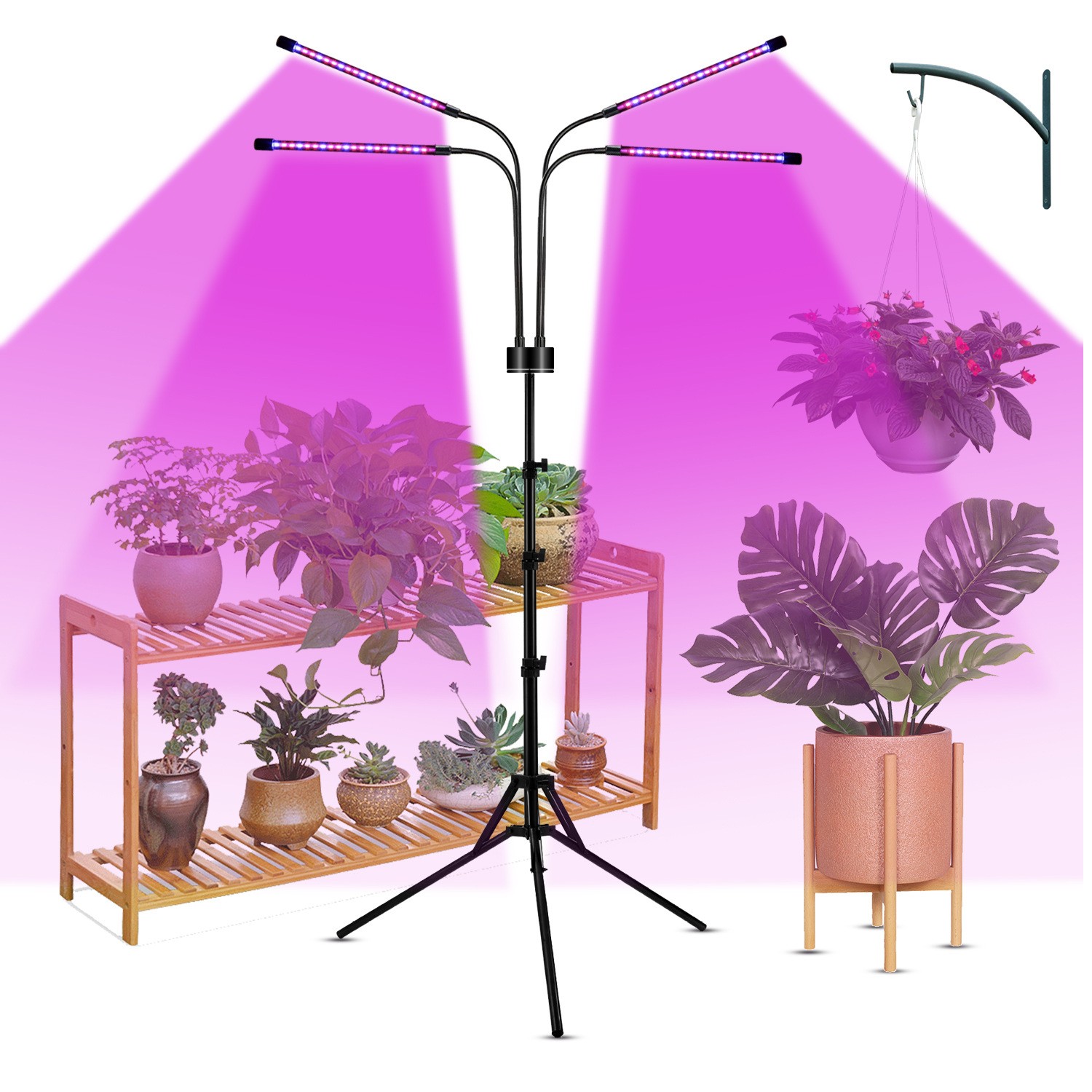 Lampa UV pentru cresterea plantelor, 4 capete, putere 30W, 108 LED-uri Lampa cu lumina Ultra-Violet, Lampa cu Picior Ajustabil pana la 2 m, Lumina UV Mov [2]