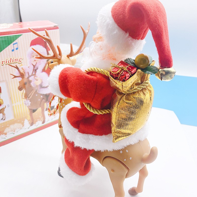 Decoratiune Mos Craciun, Animat, care Canta si Danseaza, cu Saculet, pe Ren, Imbracat Festiv, 28x21x10 cm, Rosu [2]