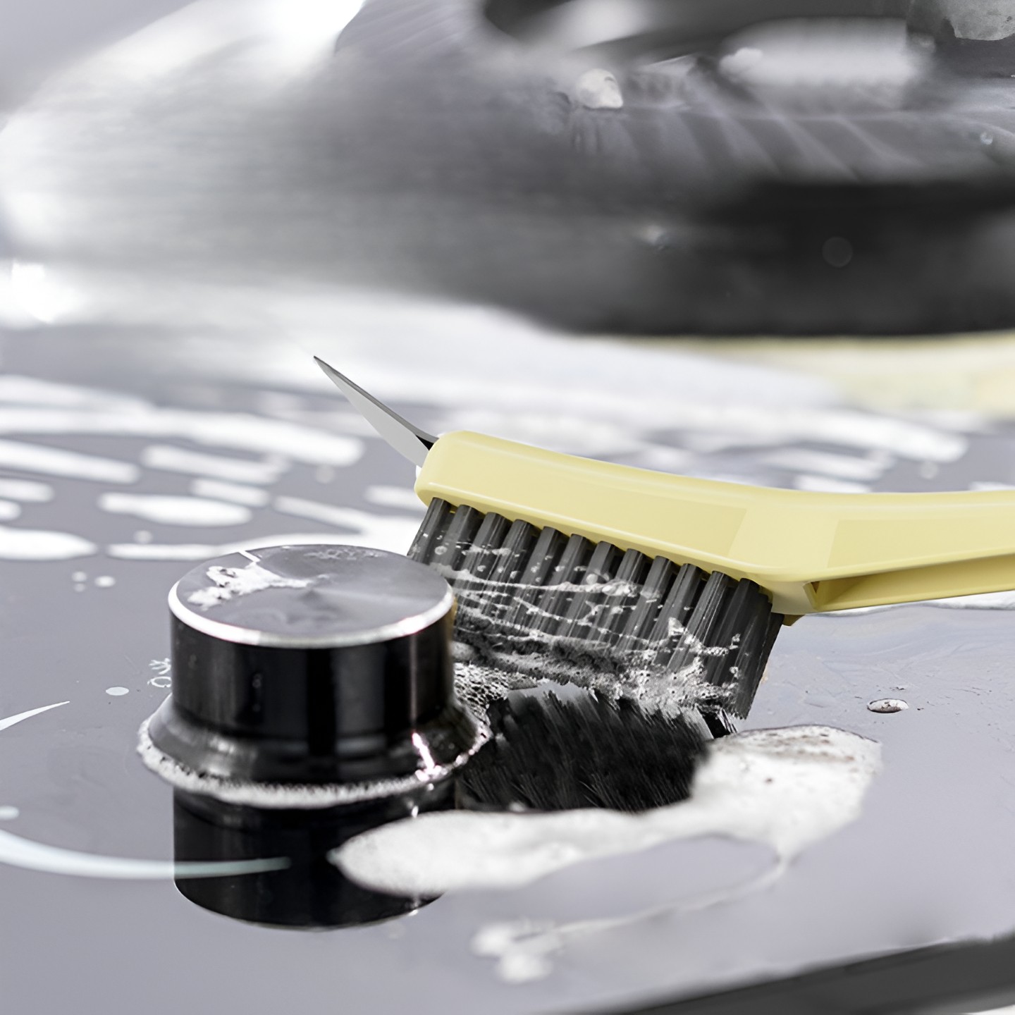 Perie de Sarma pentru Bucatarie, din Doua Bucati, Maner Lung cu Gaura de Prindere, Peri din Otel, Anti-Reziduu, Anti-Murdarie, 24.5x2.7x6.7cm, Galben [2]