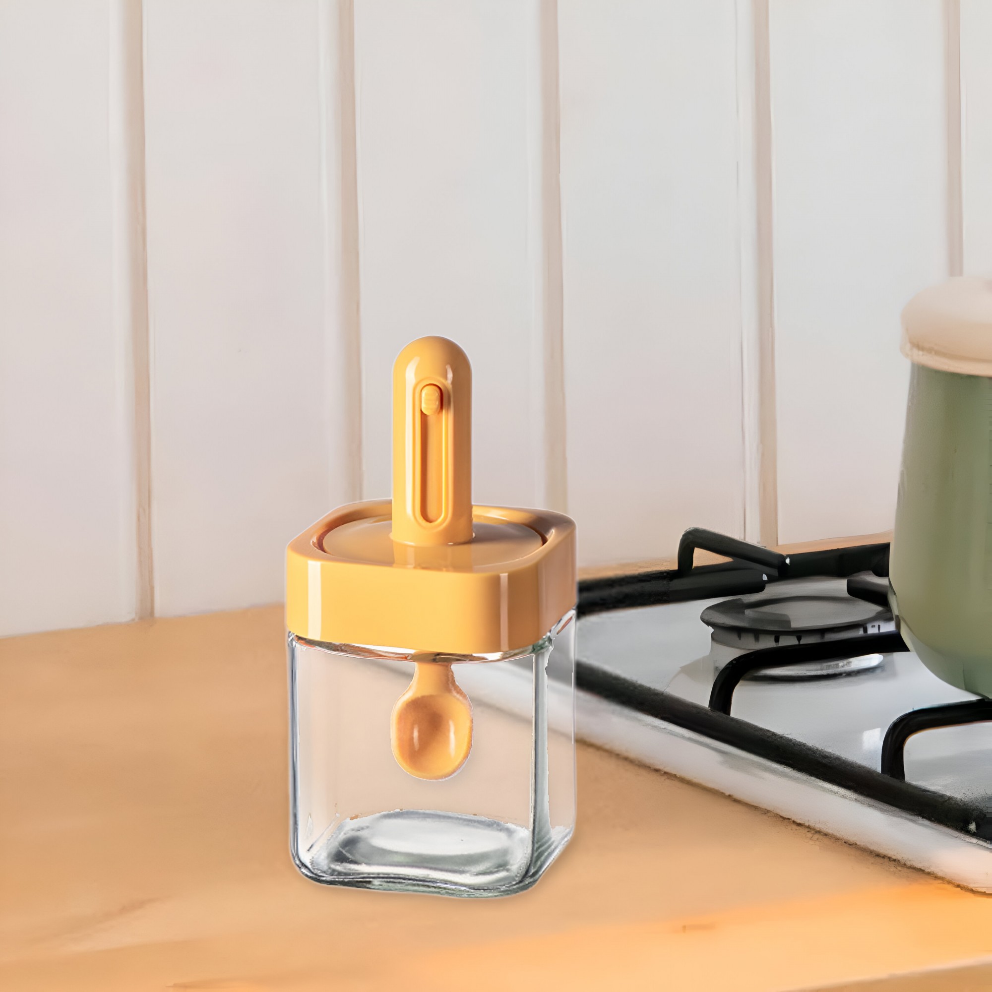 Recipient pentru Depozitarea Condimentelor, Borcan din Sticla, Capac si Lingura Incorporate, Uz Casnic, 300 ml, 7.1x7.1x14.8 cm, Portocaliu [5]