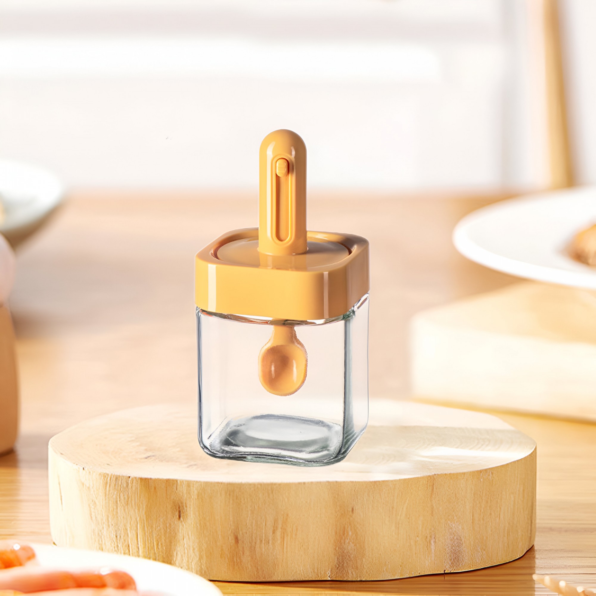 Recipient pentru Depozitarea Condimentelor, Borcan din Sticla, Capac si Lingura Incorporate, Uz Casnic, 300 ml, 7.1x7.1x14.8 cm, Portocaliu [6]