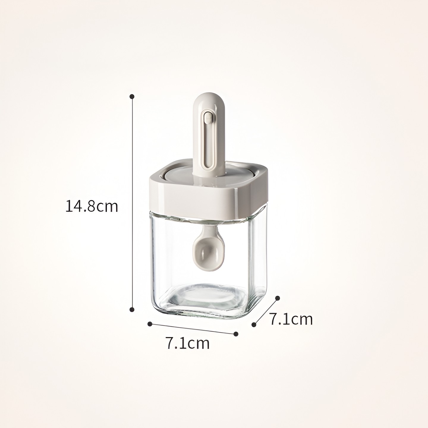 Recipient pentru Depozitarea Condimentelor, Borcan din Sticla, Capac si Lingura Incorporate, Uz Casnic, 300 ml, 7.1x7.1x14.8 cm, Gri [1]