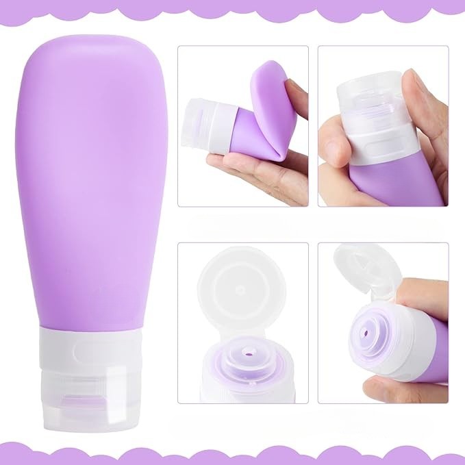 Recipient Portabil din Silicon Elegant de Voiaj, Sticla de Calatorie, Potrivita pentru Lotiune, Sampon si Alte Lichide, Anti-scurgere, cu Posibilitate de Reumplere, Capacitate 90mL, Mov [1]