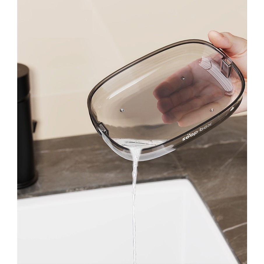 Savoniera cu Suport 2 in 1, Pentru Perete sau Blat, PET, Scurgere Optima, GriTransparent [3]