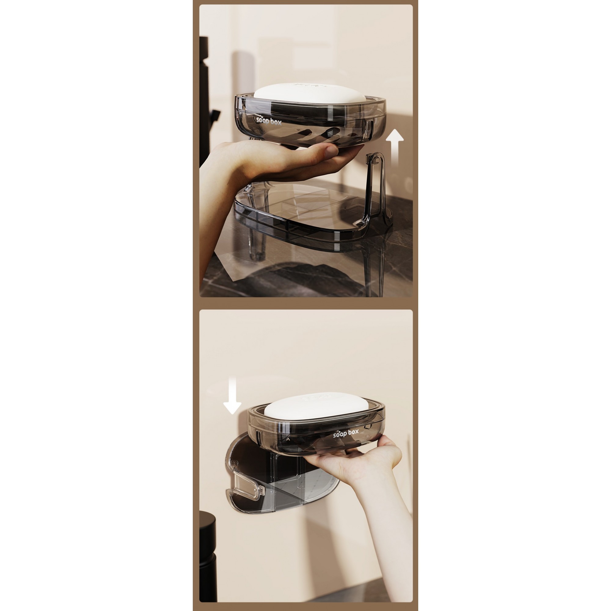 Savoniera cu Suport 2 in 1, Pentru Perete sau Blat, PET, Scurgere Optima, GriTransparent [4]