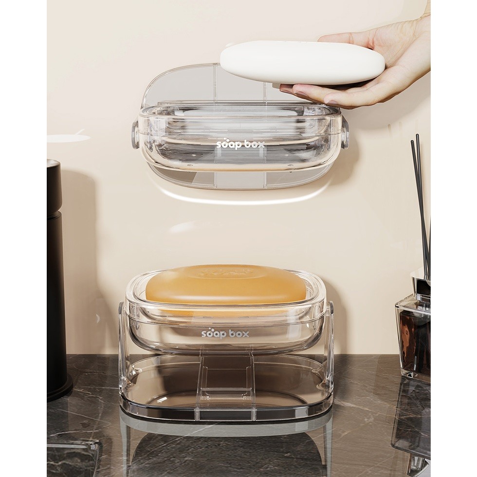 Savoniera cu Suport 2 in 1, Pentru Perete sau Blat, PET, Scurgere Optima, Argintiu Transparent [3]