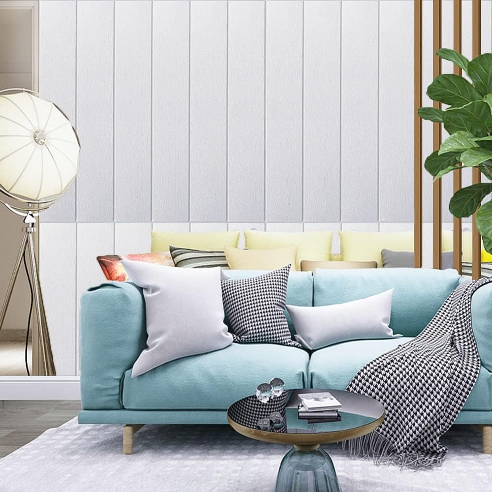 Set 10 Placi Tapet 3D, 70 x 70 cm, Grosime 3 mm, din Rasina, Tip Placi de Lemn, Suprafata Acoperita 4.9 mp, Alb [5]