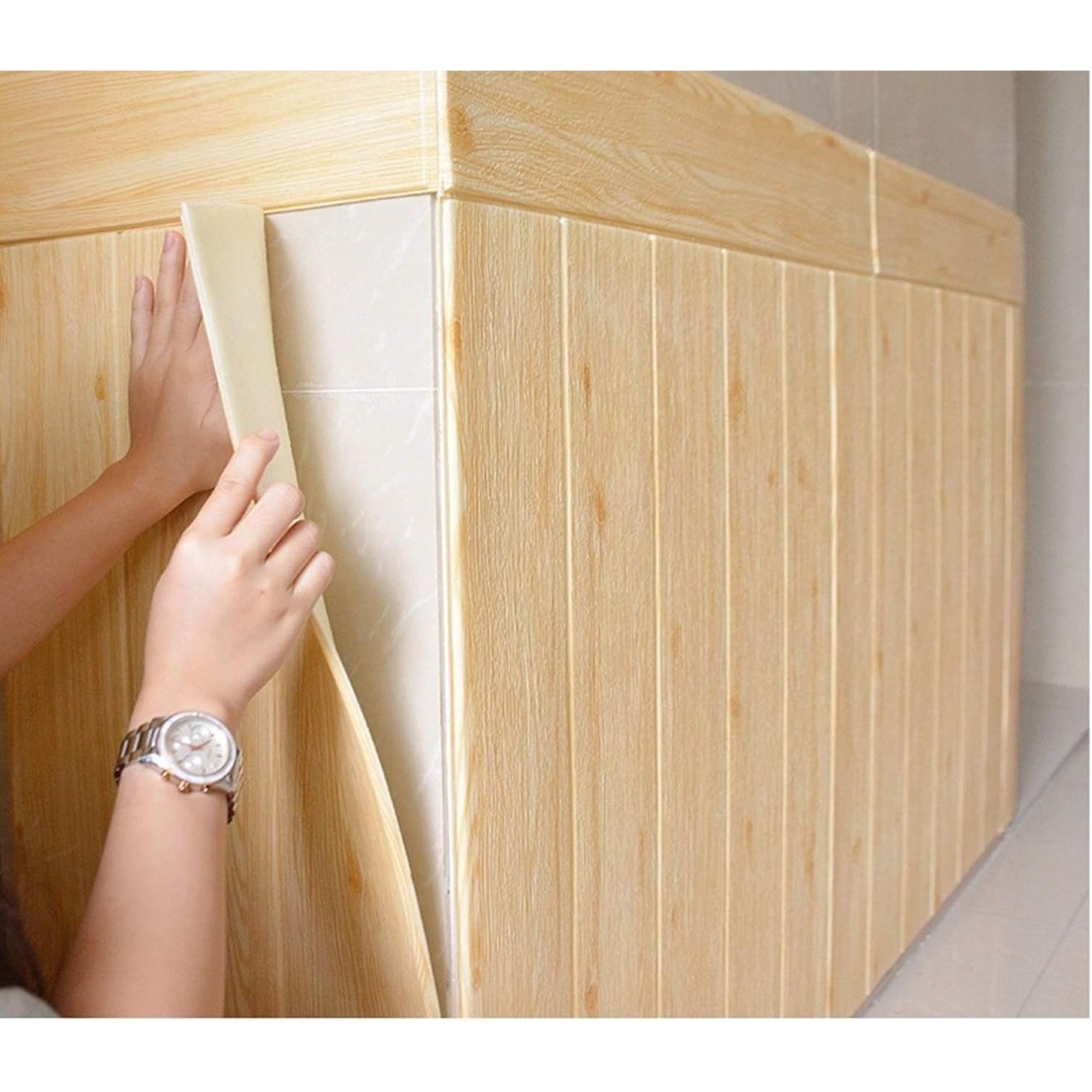 Set 10 Placi Tapet 3D, 70 x 70 cm, Grosime 3 mm, din Rasina, Tip Placi de Lemn, Suprafata Acoperita 4.9 mp, Crem [1]