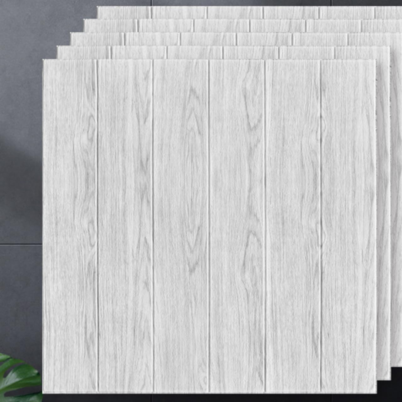 Set 10 Placi Tapet 3D, 70 x 70 cm, Grosime 3 mm, din Rasina, Tip Placi de Lemn, Suprafata Acoperita 4.9 mp, Gri Deschis [2]