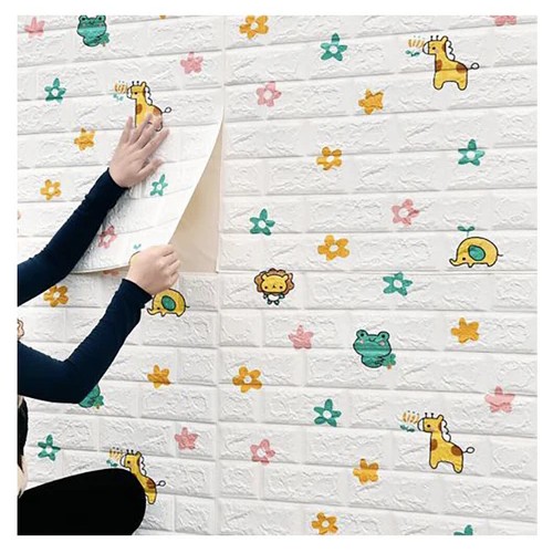 Set 10 Placi Tapet 3D, 70 x 77 cm, Grosime 3 mm, din Polietilena, Tip Caramida, Model Animalute si Floricele, Suprafata acoperita 5.3 mp, Alb [2]