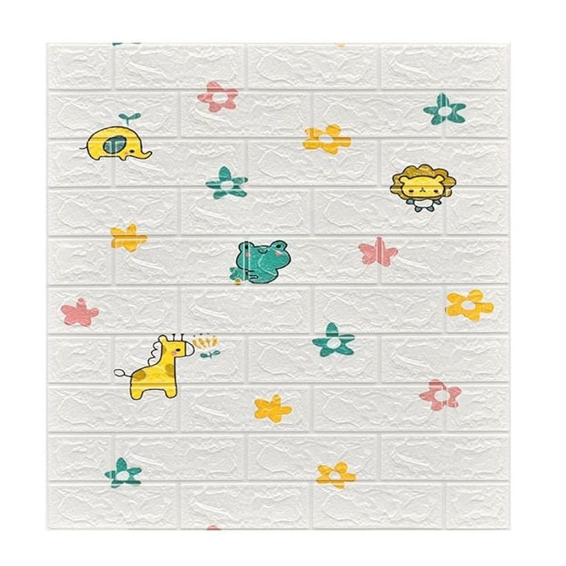 Articole pentru Casa si Curatenie - Set 10 Placi Tapet 3D, 70 x 77 cm, Grosime 3 mm, din Polietilena, Tip Caramida, Model Animalute si Floricele, Suprafata acoperita 5.3 mp, Alb