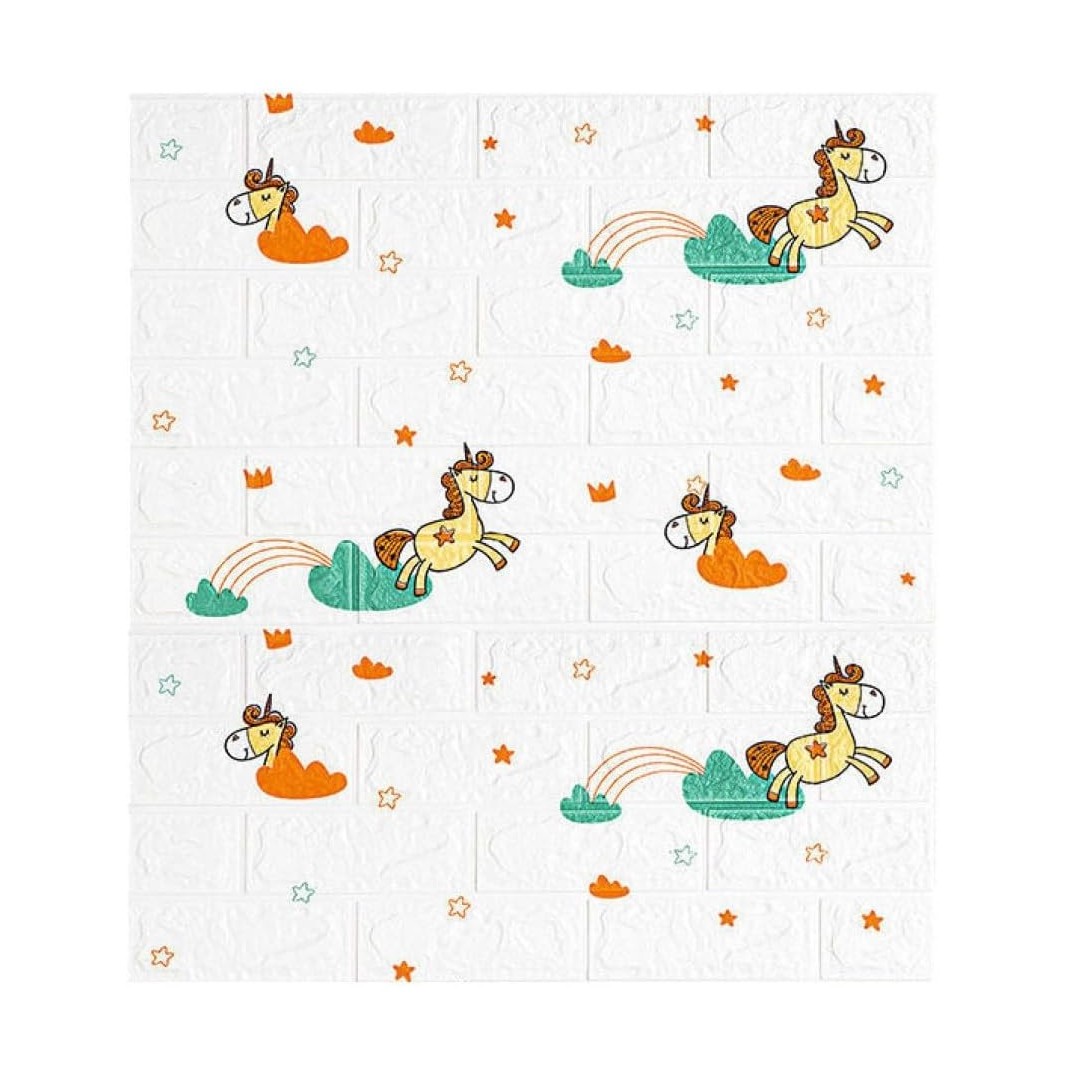 Articole pentru Casa si Curatenie - Set 10 Placi Tapet 3D, 70 x 77 cm, Grosime 3 mm, din Polietilena, Tip Caramida, Model Unicorni, Suprafata acoperita 5.3 mp, Alb
