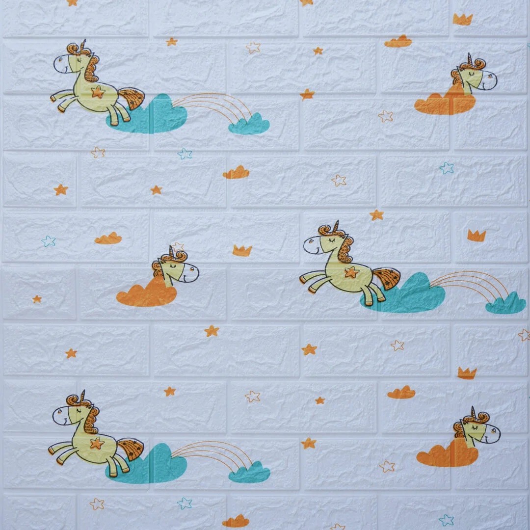 Set 10 Placi Tapet 3D, 70 x 77 cm, Grosime 3 mm, din Polietilena, Tip Caramida, Model Unicorni, Suprafata acoperita 5.3 mp, Alb [3]