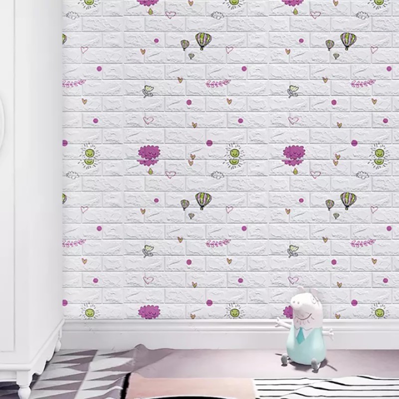 Set 10 Placi Tapet 3D, 70 x 77 cm, Grosime 3 mm, din Polietilena, Tip Caramida, Model cu Baloane, Suprafata acoperita 5.3 mp, Alb [2]