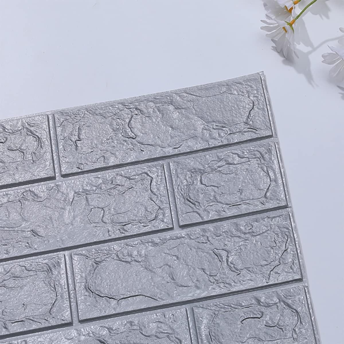 Set 10 Placi Tapet 3D, 70 x 77 cm, Grosime 3 mm, din Polietilena, Model Caramida, Suprafata acoperita 5.3 mp, Argintiu [4]