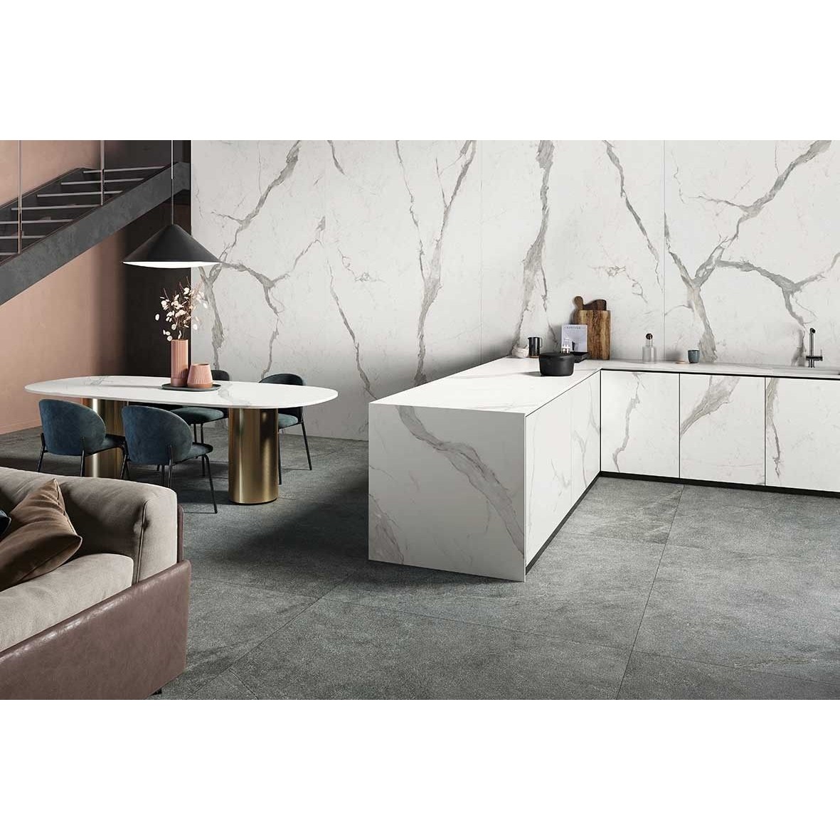 Set 10 Placi Tapet, 60 x 30 cm, Grosime 1.5 mm, din PVC, Model Imitatie de Marmura, Suprafata acoperita 1.8 mp, Gri Deschis [4]