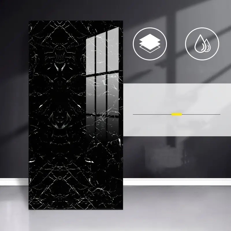 Set 10 Placi Tapet, 60 x 30 cm, Grosime 1.5 mm, din PVC, Model Imitatie de Marmura, Suprafata acoperita 1.8 mp, Negru [1]