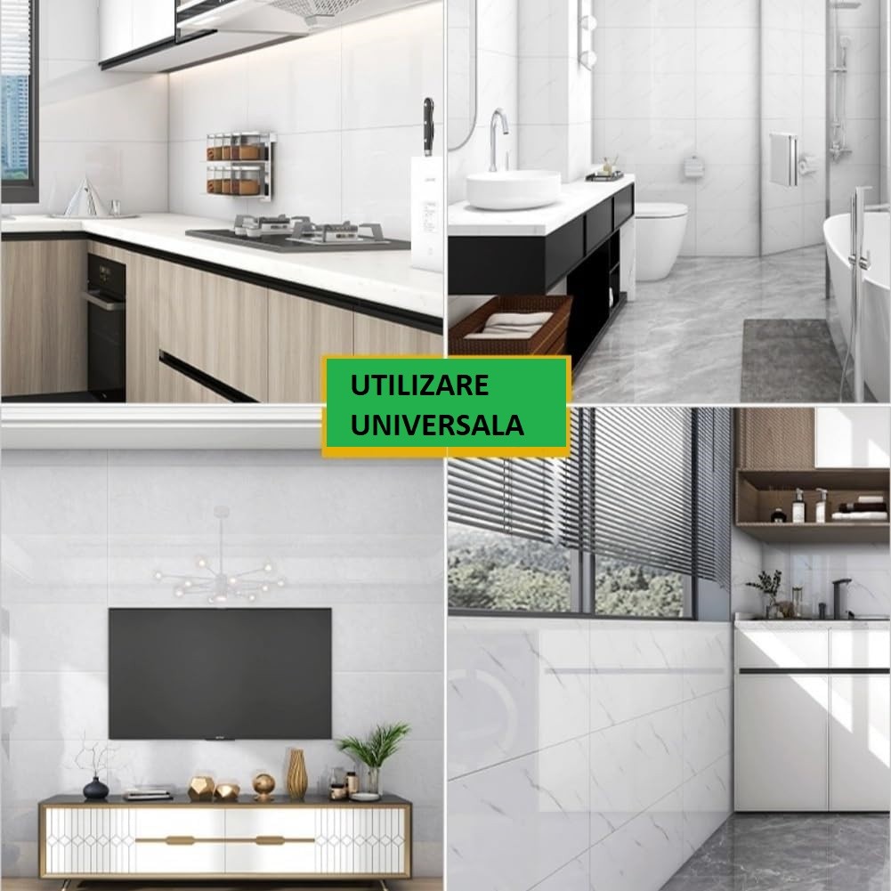 Set 10 Placi Tapet, 60 x 30 cm, Grosime 1.5 mm, din PVC, Model Imitatie de Marmura, Suprafata acoperita 1.8 mp, Alb [6]