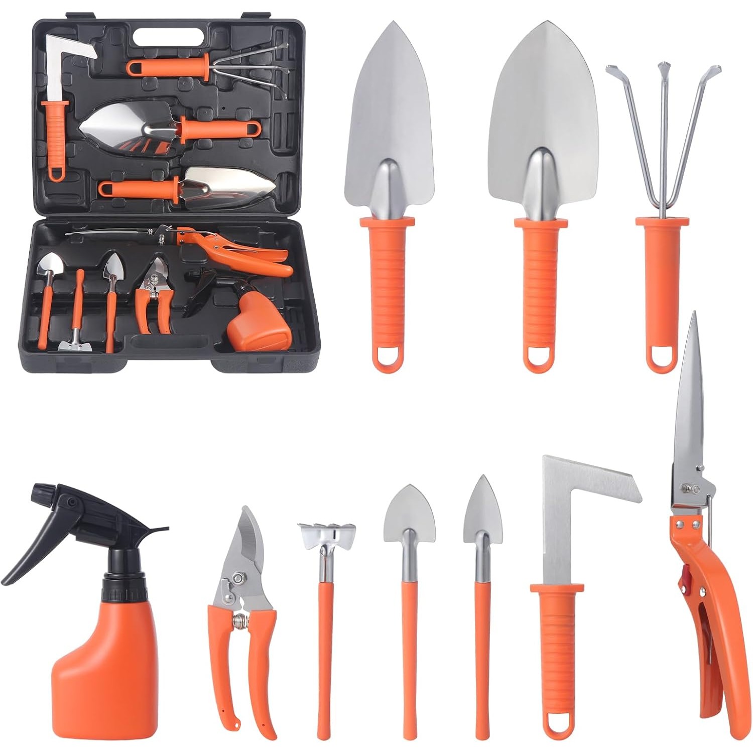 Set 10 Unelte de Gradina, pentru Plantare Prelucrare Sol si Ingrijire Plante, Manere Portocalii, Material PVC si Otel Inoxidabil, Cutie Inclusa, 37x28x7 cm, Negru [1]