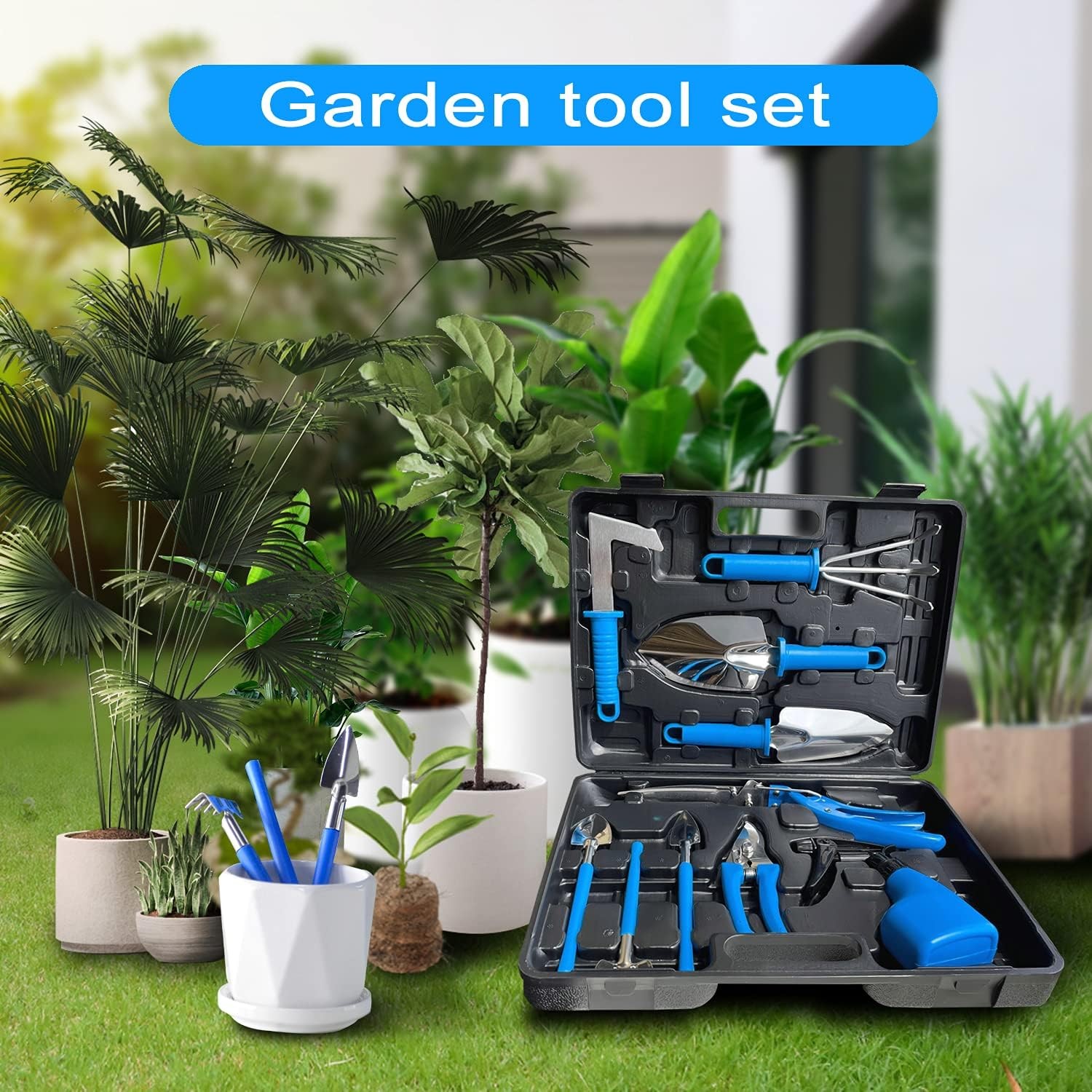 Set 10 Unelte de Gradina, pentru Plantare Prelucrare Sol si Ingrijire Plante, Manere Albastre, Material PVC si Otel Inoxidabil, Cutie Inclusa, 37x28x7 cm, Negru [1]