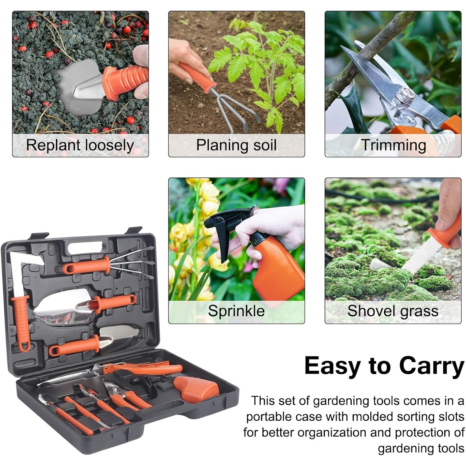 Set 10 Unelte de Gradina, pentru Plantare Prelucrare Sol si Ingrijire Plante, Manere Portocalii, Material PVC si Otel Inoxidabil, Cutie Inclusa, 37x28x7 cm, Negru [2]