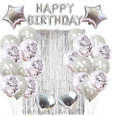Seturi Baloane Folie - Set 24 de baloane folie si latex, 10 baloane latex simple, 10 bloane latex cu paiete, 4 baloane folie, ribon, 1x2 m perdea, Argintiu