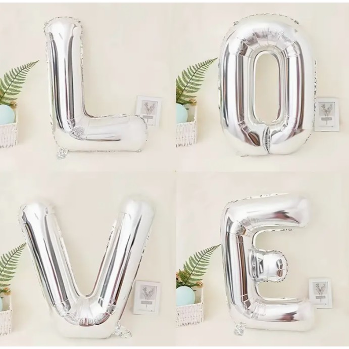 Set 4 Baloane din Folie Metalizata, Figurine Litere, Model Scris Love, Tema Iubire, 80 cm, Ambalaj Individual, Pai Inclus, Umflare cu Aer sau Heliu, Argintiu [8]