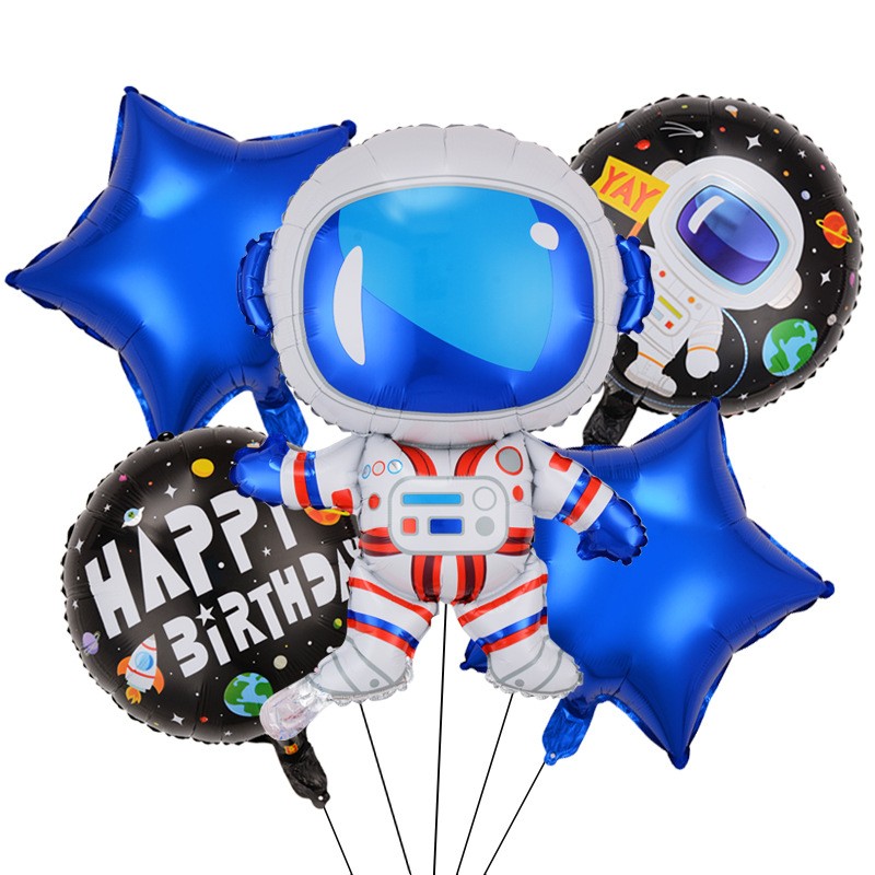 Seturi Baloane Folie - Set 5 baloane din folie metalizata HAPPY BIRTHDAY, Figurina Model Astronaut, Stelute Albastre, Adeziv si pai incluse, 78 x 45cm, Albastru inchis