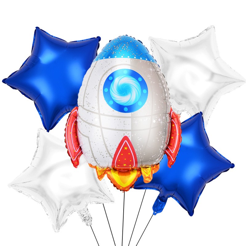 Seturi Baloane Folie - Set 5 baloane din folie metalizata HAPPY BIRTHDAY, Figurina Model Racheta, Stelute Albastre, Adeziv si pai incluse, 78 x 45cm, Albastru Alb