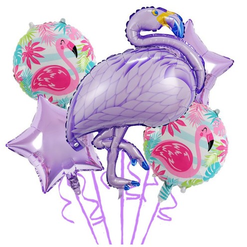 Seturi Baloane Folie - Baloane aniversare Flamingo Party, din Folie de aluminiu si Latex, set din 5 baloane, 1 Flamingo, 2 Stele, 2 rotunde, 60 x 90 cm, Adeziv si pai inclus Mov