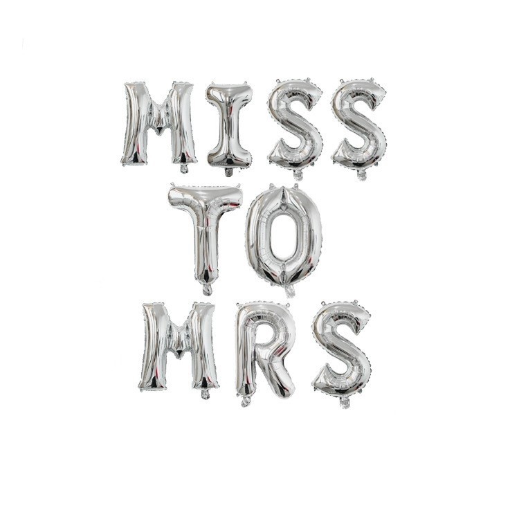 Set Baloane din Folie Metalizata, Model Scris Miss to Mrs, Litere de 40 cm, Tema Iubire, Baloane Party, Ambalaj Individual, Pai Inclus, Umflare cu Aer sau Heliu, Argintiu [2]