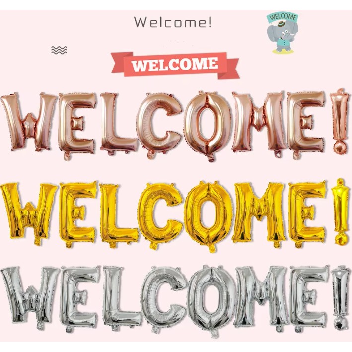 Set Baloane din Folie Metalizata, Model WELCOME!, Litere de 40 cm, Baloane Party, Ambalaj Individual, Pai Inclus, Umflare cu Aer sau Heliu, Auriu [1]