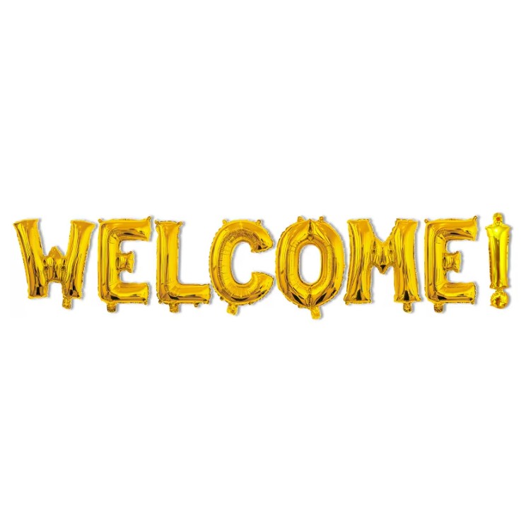 Seturi Baloane Folie - Set Baloane din Folie Metalizata, Model WELCOME!, Litere de 40 cm, Baloane Party, Ambalaj Individual, Pai Inclus, Umflare cu Aer sau Heliu, Auriu