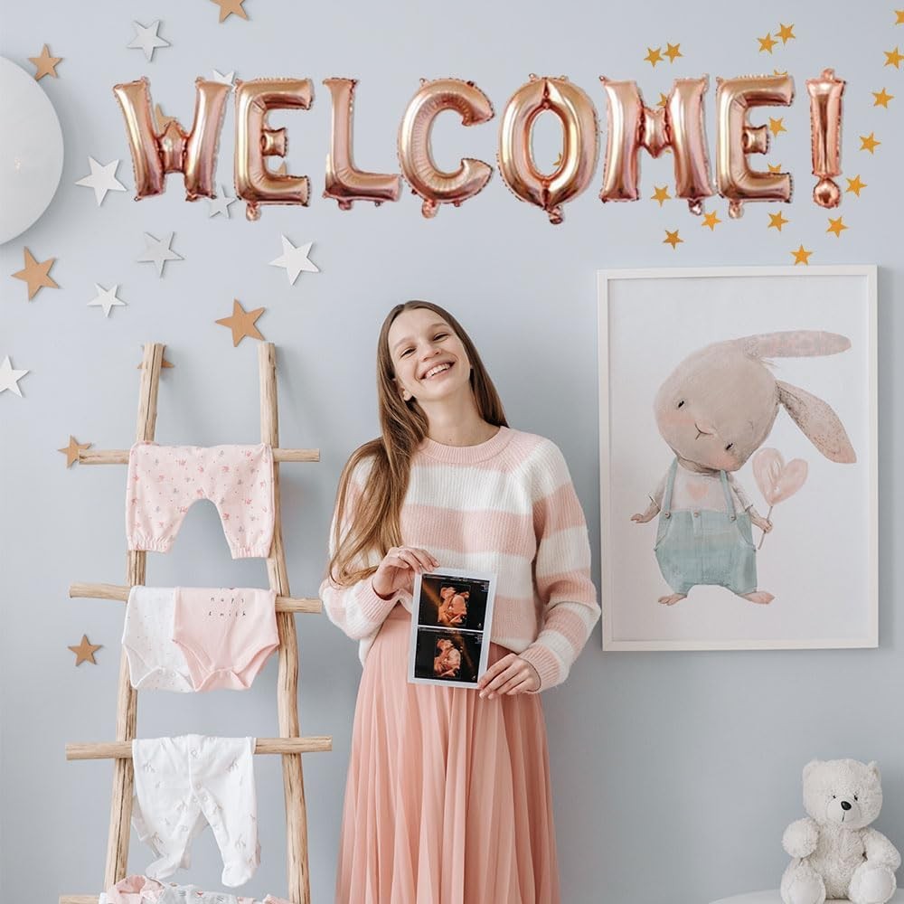 Set Baloane din Folie Metalizata, Model WELCOME!, Litere de 40 cm, Baloane Party, Ambalaj Individual, Pai Inclus, Umflare cu Aer sau Heliu, Roz [3]