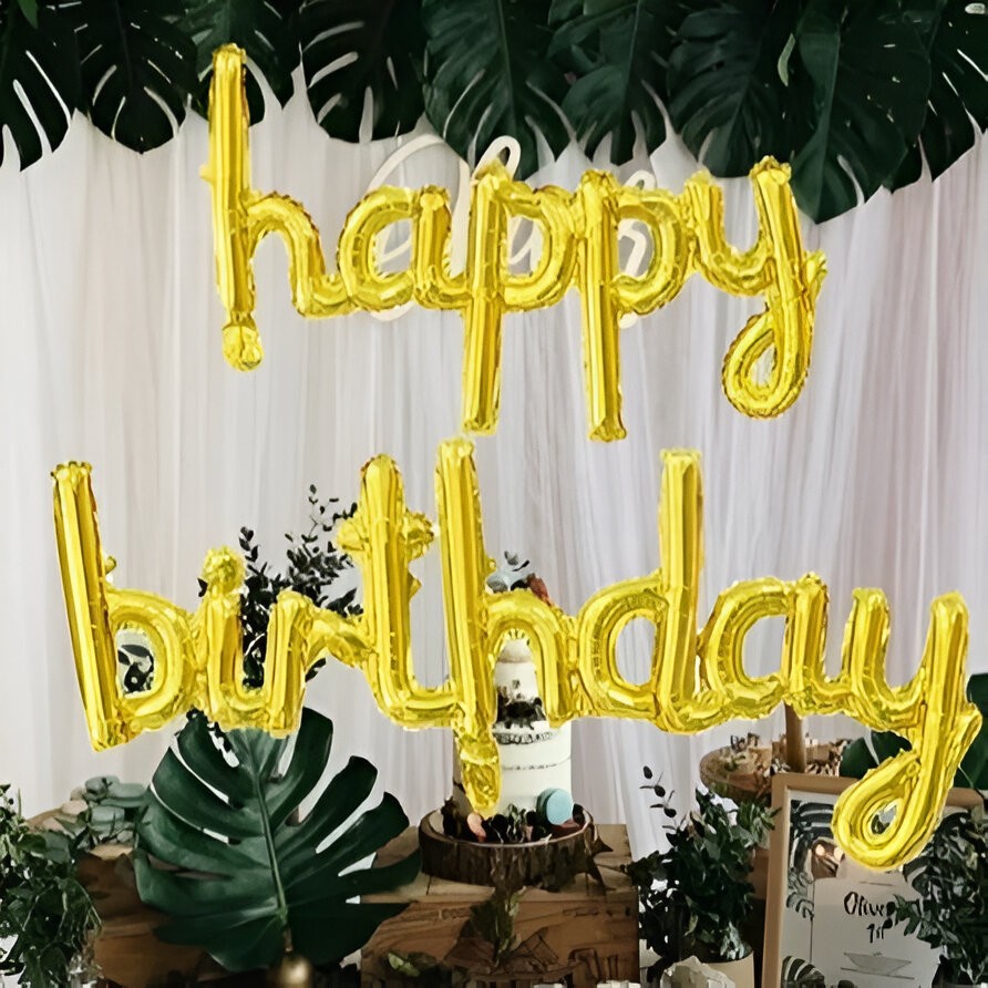 Set Baloane din Folie Metalizat?, Model Happy Birthday, 45x85 cm, 45x124cm, Baloane Party, Ambalaj Individual, Pai inclus, Umflare cu Aer sau Heliu, Gold [3]