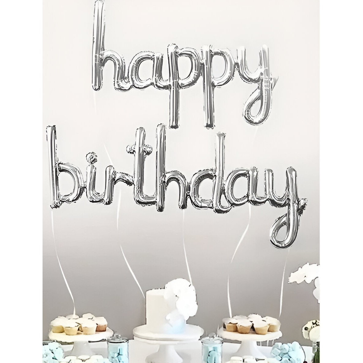 Set Baloane din Folie Metalizat?, Model Happy Birthday, 45x85 cm, 45x124cm, Baloane Party, Ambalaj Individual, Pai inclus, Umflare cu Aer sau Heliu, Argintiu [1]