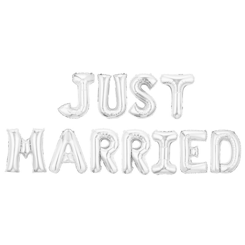 Tematica Nunta - Set Baloane din Folie Metalizata, Model Just Married, Litere de 40 cm, Baloane Party, Ambalaj Individual, Pai, Ata si Adeziv Incluse, Umflare cu Aer sau Heliu, Argintiu