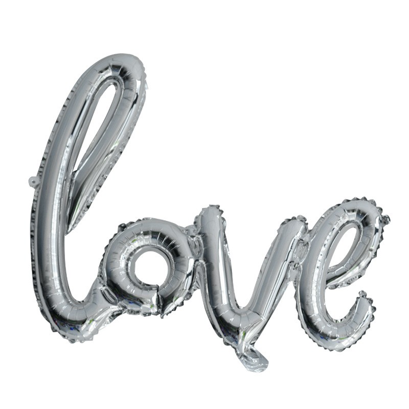Seturi Baloane Folie - Set Baloane din Folie Metalizata, Model Love Scris de Mana, 102x65 cm, Baloane Ziua Indragostitilor, Ambalaj Individual, Pai inclus, Umflare cu Aer sau Heliu, Argintiu