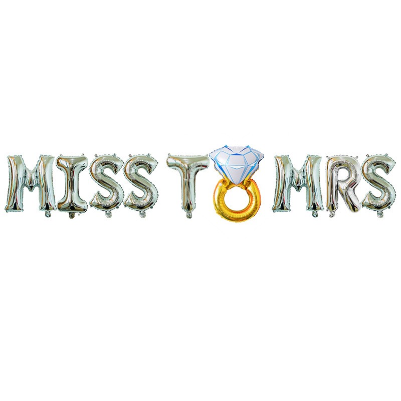 Tematica Nunta - Set Baloane din Folie Metalizata, Model Miss to Mrs cu Inel de Logodna, Litere de 40 cm, Tema Iubire, Baloane Party, Ambalaj Individual, Pai Inclus, Umflare cu Aer sau Heliu, Argintiu