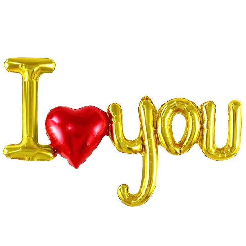Seturi Baloane Folie - Set Baloane Folie Metalizata, Model I LOVE YOU cu Inimioara, 54x97 cm, Tematica Ziua Îndr?gosti?ilor, Ambalaj Individual, Pai Inclus, Umflare cu Aer sau Heliu, Auriu