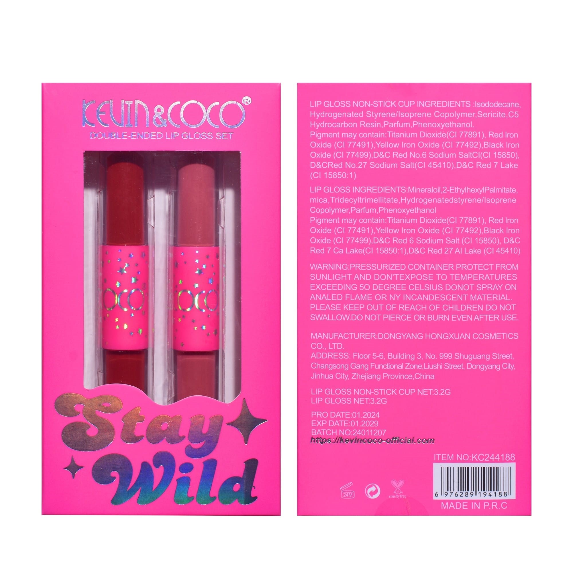 Set de Buze, KEVIN &amp; COCO, Stay Wild 4 Culori, 2 Gloss-uri si 2 Rujuri Mate, 15.1 x 8.1 x 2cm, Roz/Rosu [2]