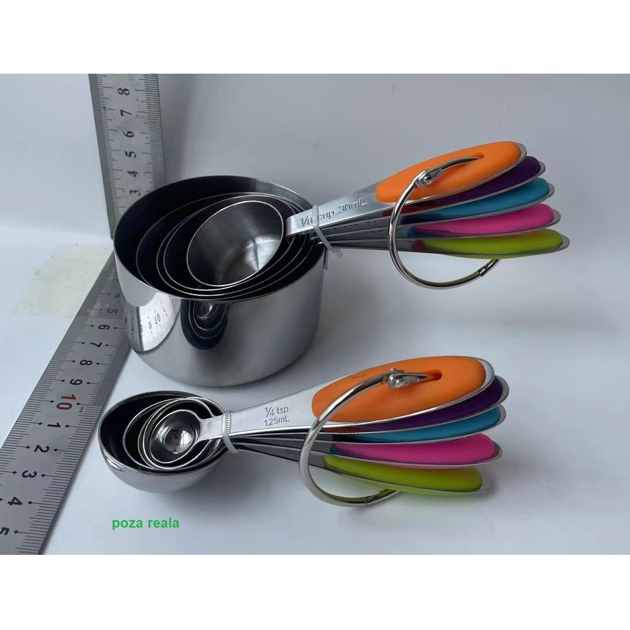Set 10 Piese de Masurare, 5 Linguri Gradate + 5 Cesti Gradate, Otel Inoxidabil + Silicon, 19 x 8 x 9 cm, Multicolor [1]
