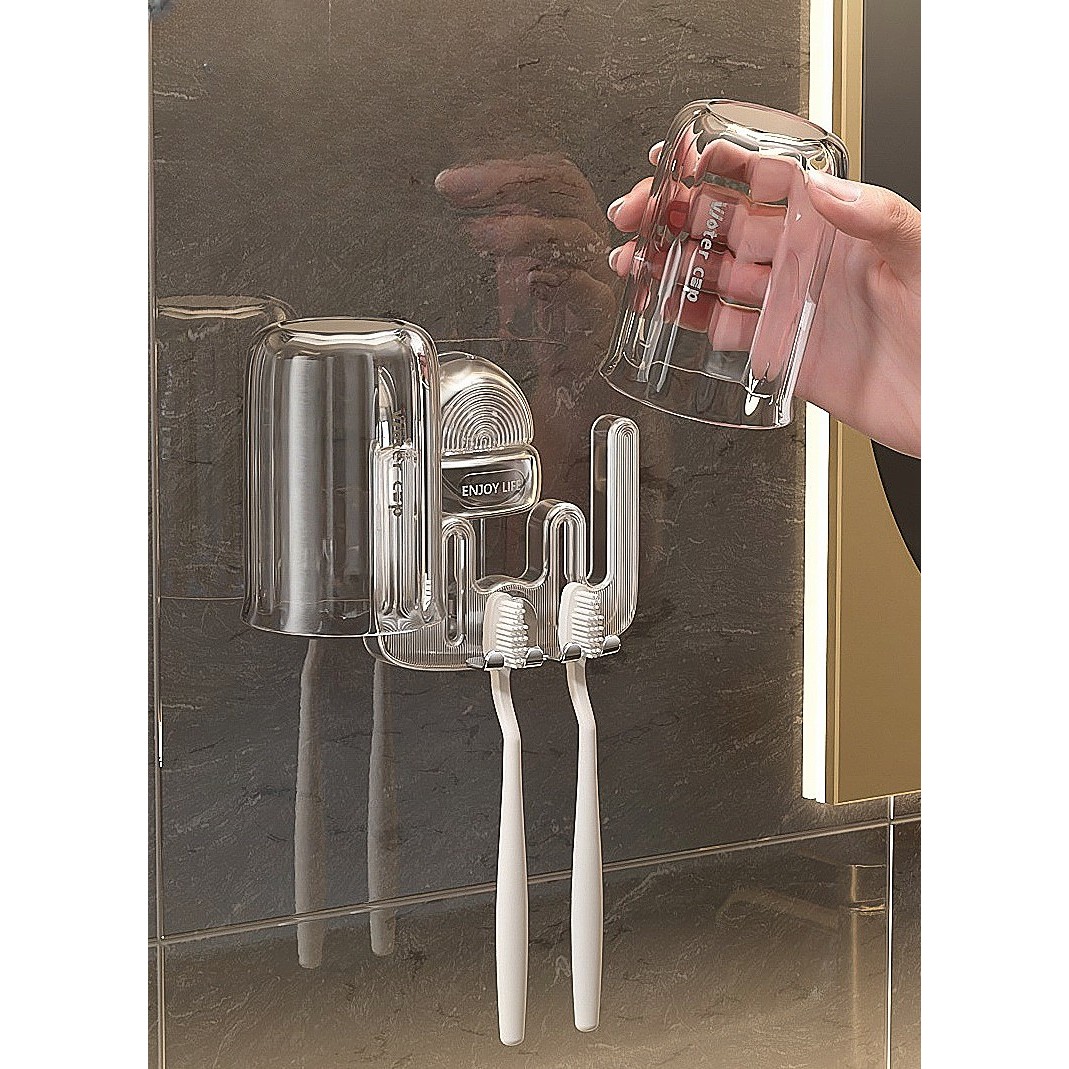 Suport Multifunctional Dublu, Pahar si Suport pentru Periuta de Dinti, Plastic, 11 cm x 11.5 cm, Gri [3]