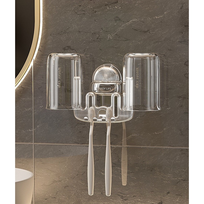 Suport Multifunctional Dublu, Pahar si Suport pentru Periuta de Dinti, Plastic, 11 cm x 11.5 cm, Transparent [5]