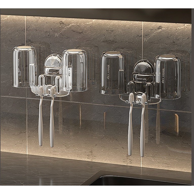 Suport Multifunctional Dublu, Pahar si Suport pentru Periuta de Dinti, Plastic, 11 cm x 11.5 cm, Gri [2]