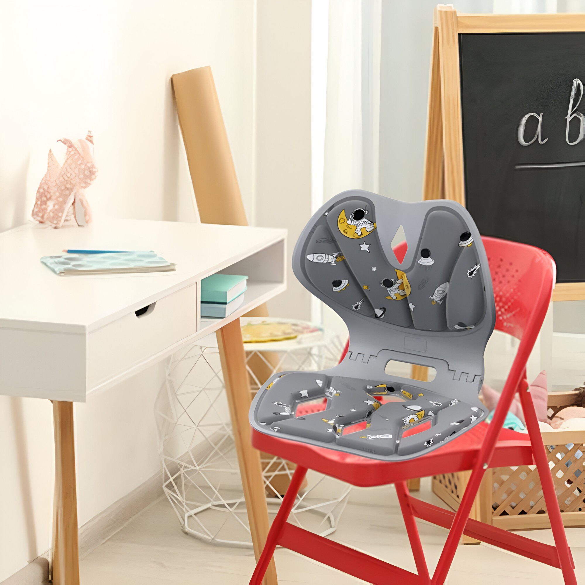 Suport pentru Scaun, pentru Corectarea Posturii, Portabil, Pliabil, Ergonomic, Ameliorare Durere, Respirabil, 35x32x30 cm, Marime L, Model Rachete, Gri [1]