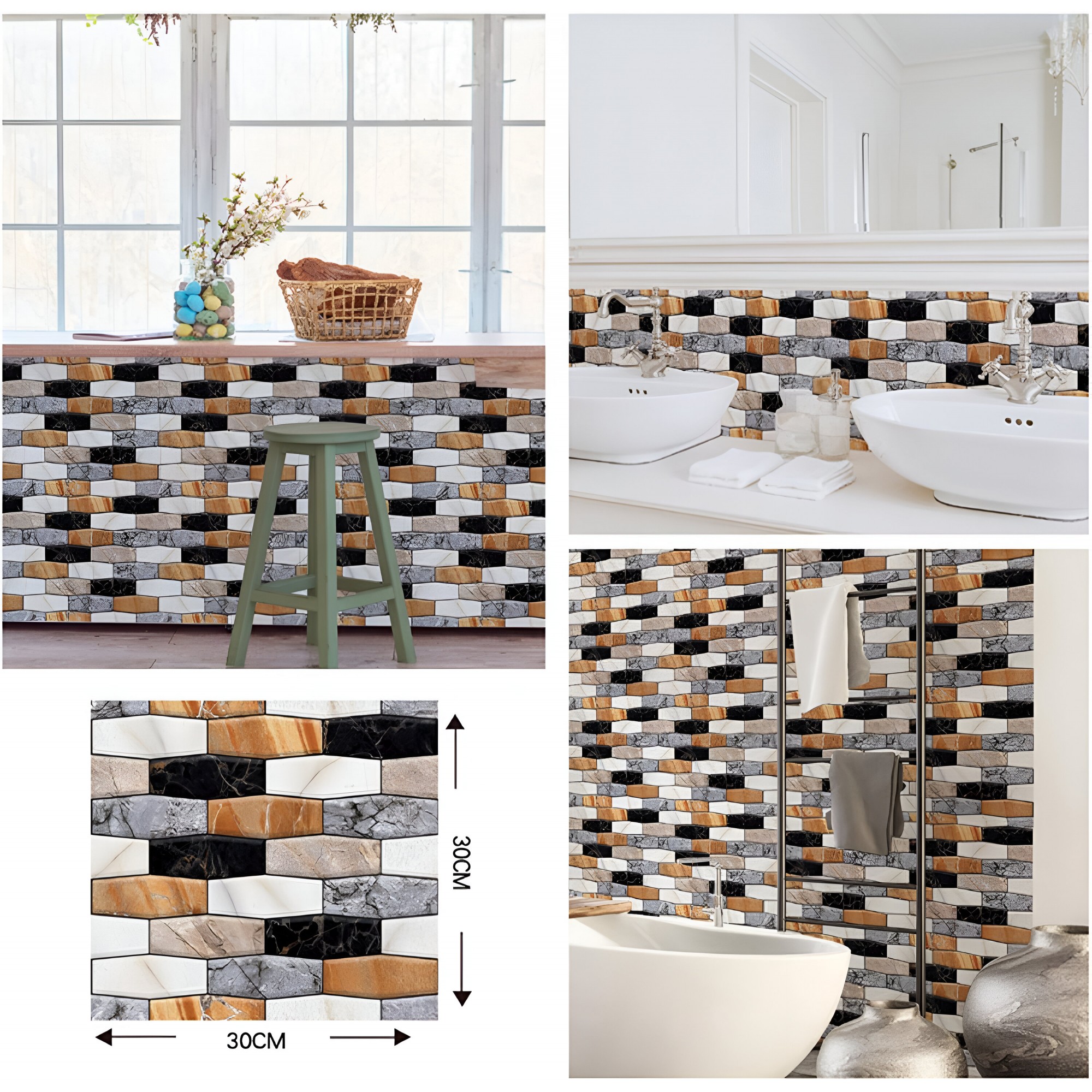 Set 10 x Placi Tapet Autocolant 3D cu Imitatie de Marmura Asimetrica, pentru Perete Bucatarie Sufragerie, Usor de Curatat, Rezistent la Apa, Autoadeziv, 30x30 cm, Maro Gri Negru [6]