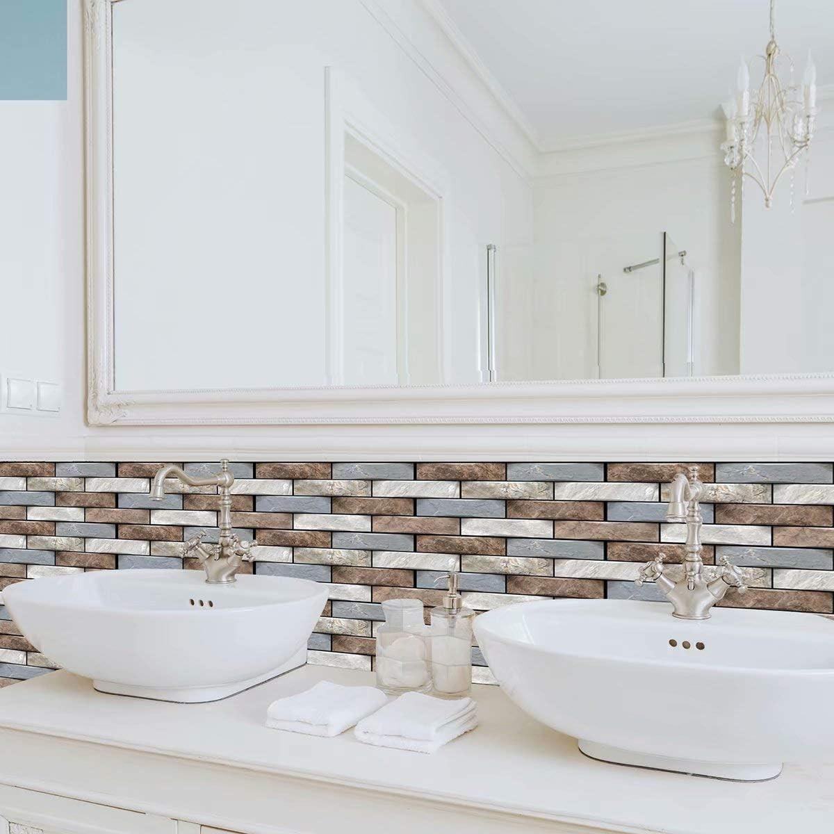 10 x Placi Tapet Autocolant 3D cu Imitatie de Marmura, pentru Perete Bucatarie Sufragerie, Usor de Curatat, Rezistent la Apa, Autoadeziv, 30x30 cm, Gri Maro Bej [4]