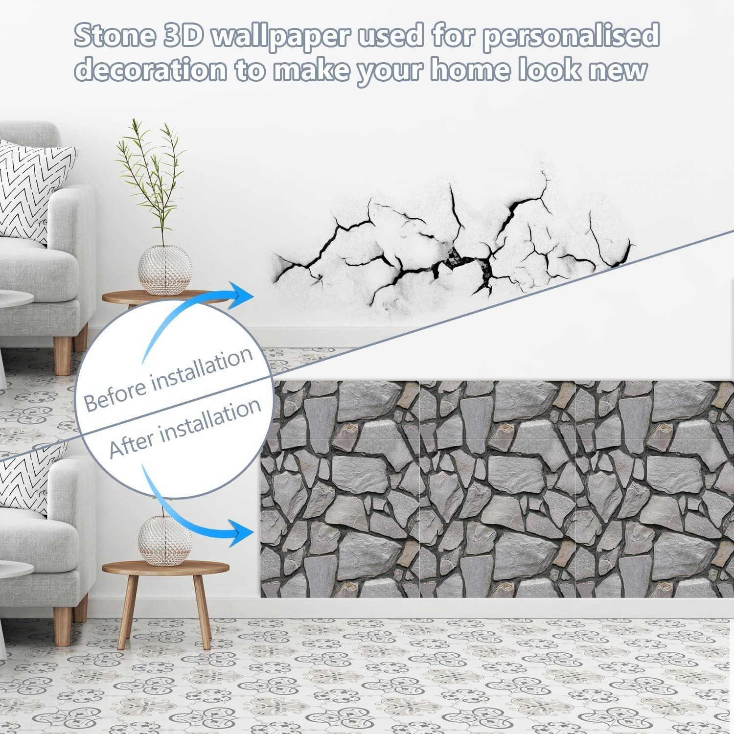 Set 10 x Placi Tapet Autocolant 3D cu Imitatie de Pietre, pentru Perete Bucatarie Sufragerie, Usor de Curatat, Rezistent la Apa, Autoadeziv, 30x30 cm, Gri [6]